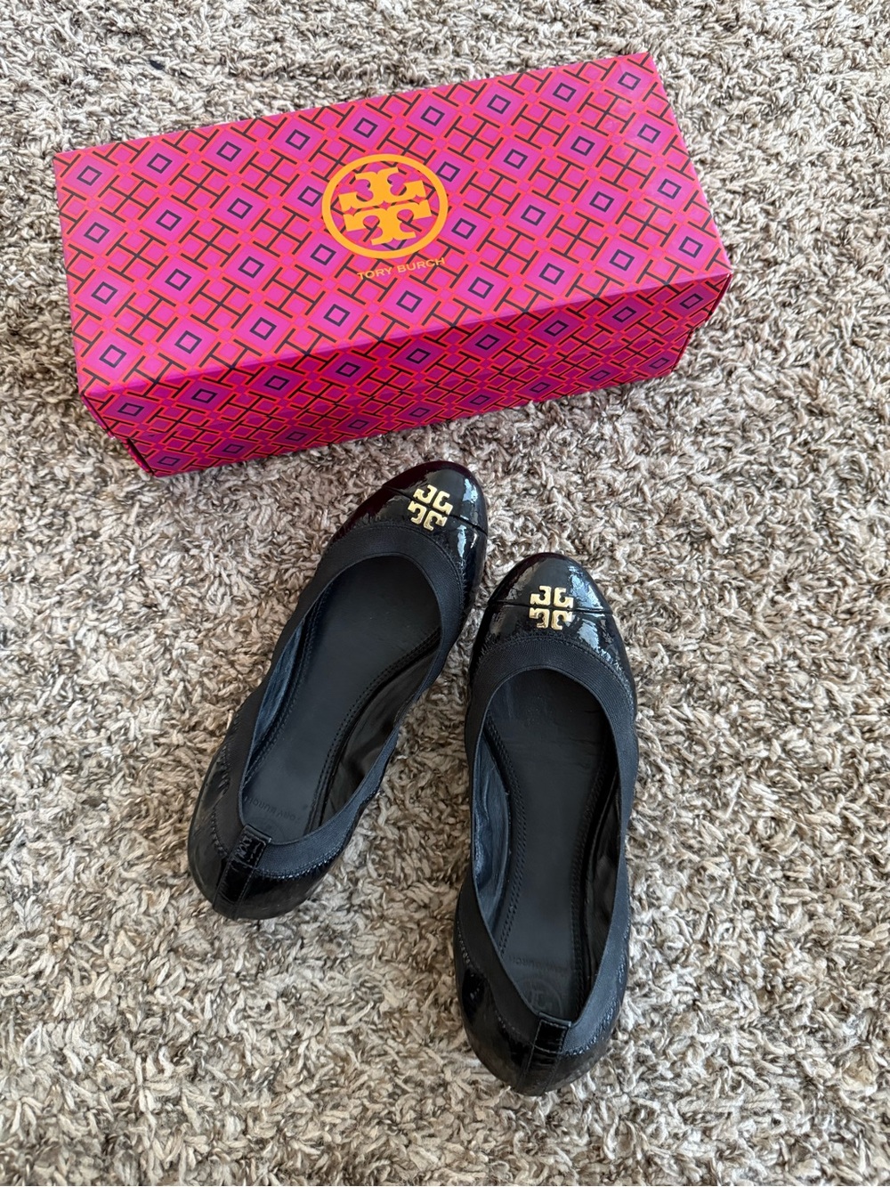 Tory Burch Black Patent Reva Logo Ballet Flats